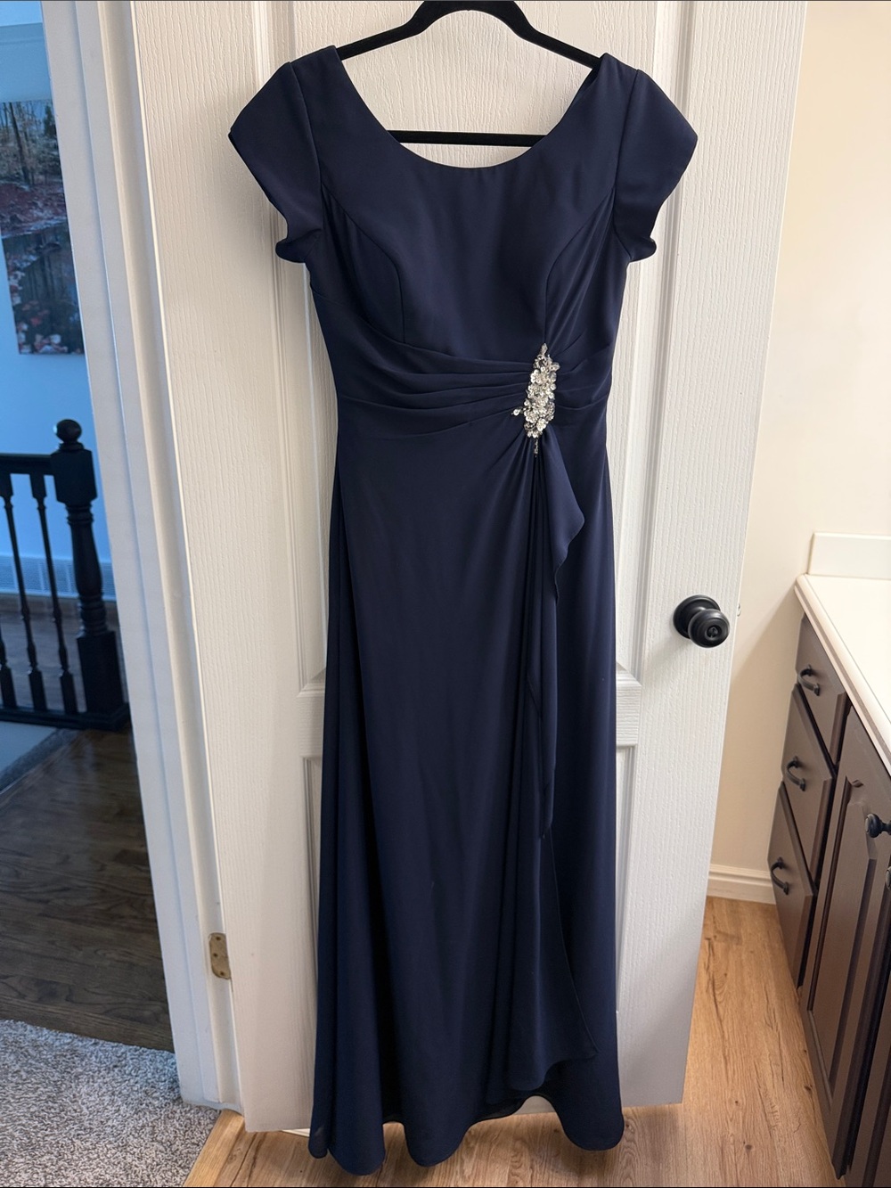 Navy Cap-Sleeve A-Line Maxi Dress with Rhinestone Accent